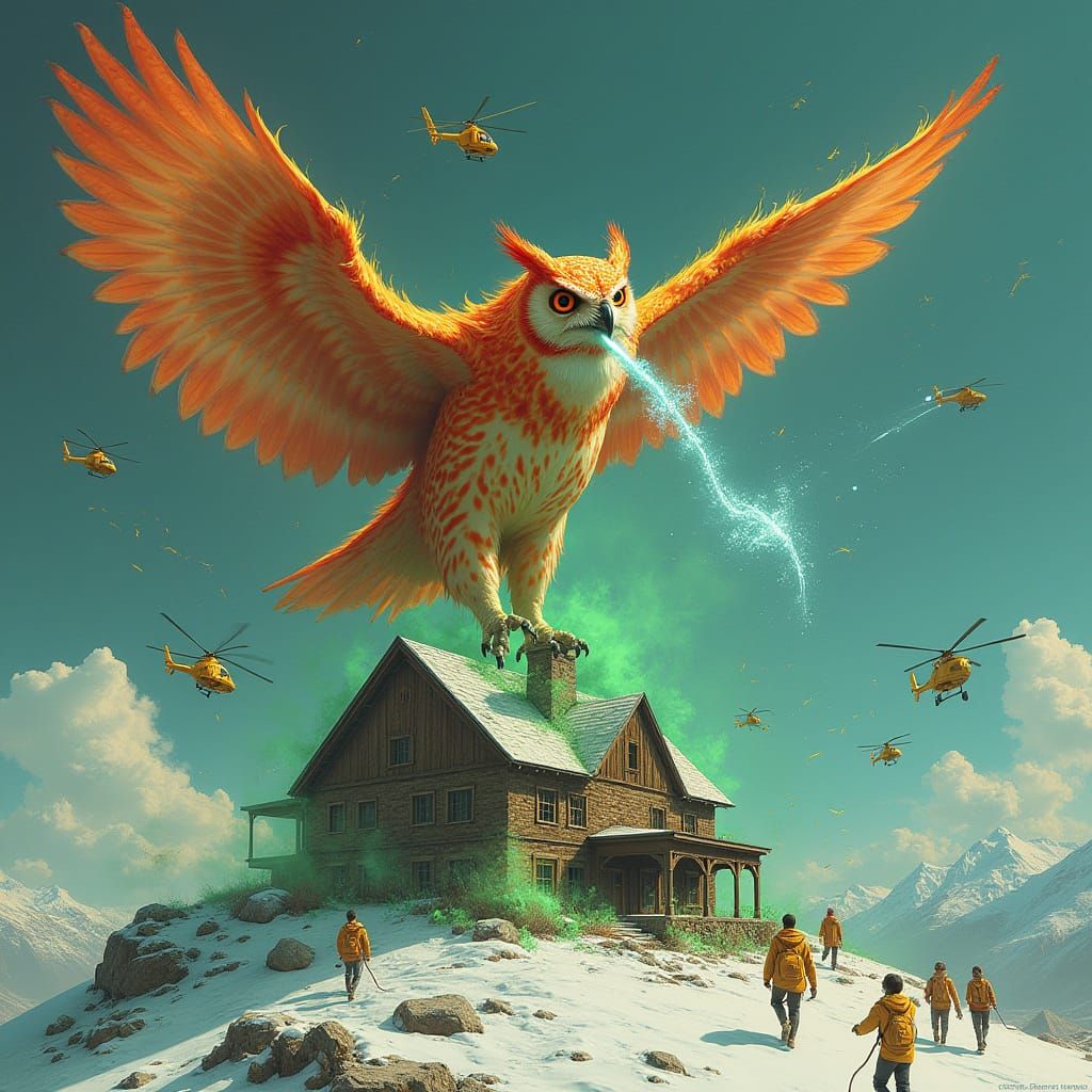 Giant Fire Owl Breathes Ice, Futuristic Art