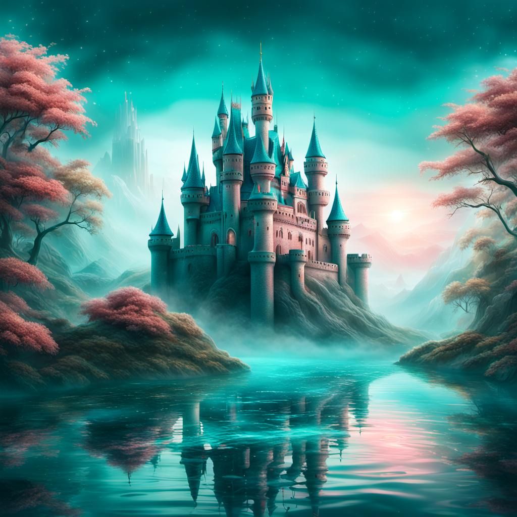 Teal and Rose Castle with Mystical Monster in Fantasy Art