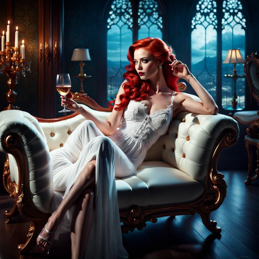 Woman with Red Hair Reclining, Detailed Matte Painting