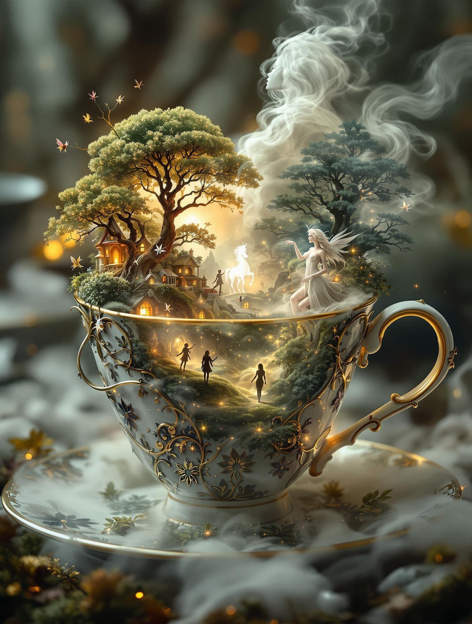 Surreal, Dreamlike Teacup Wonderland in Oil Painted Style