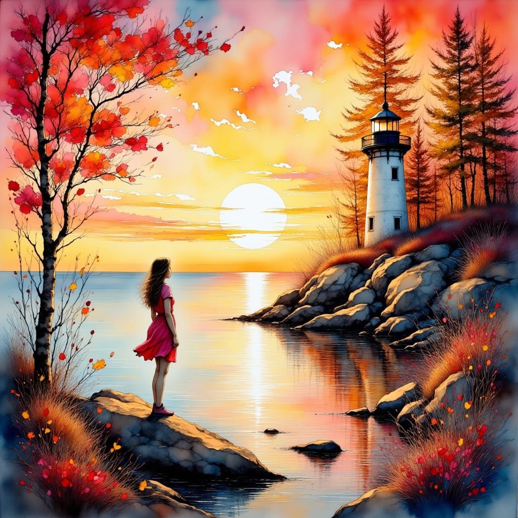 Autumn Serenity: Woman by Lake Superior in Folk Art Style