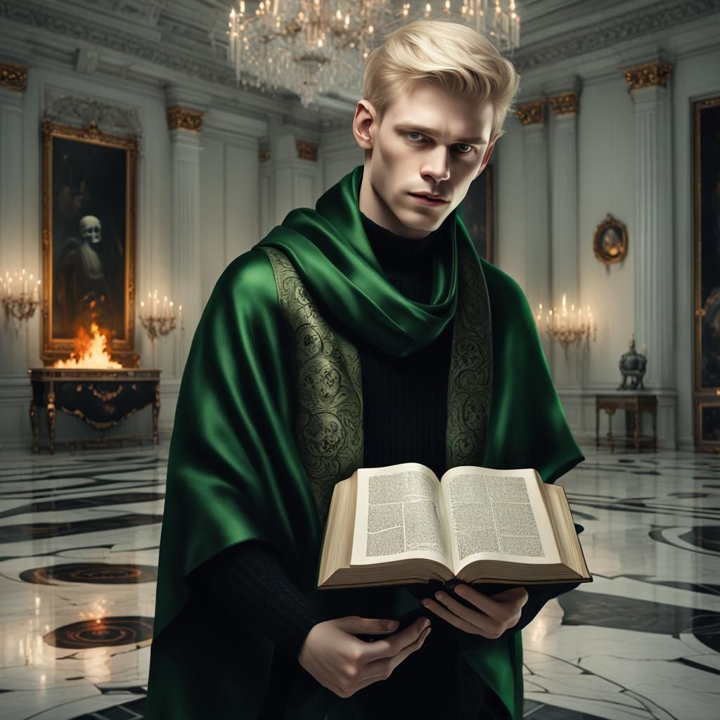 Hyperrealistic Blond Man with Book in Luxury Room