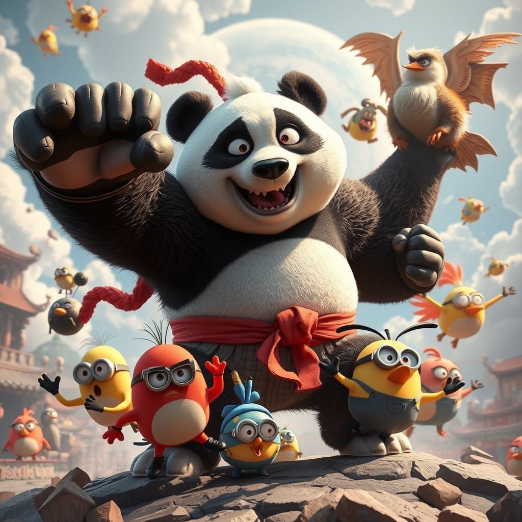 Epic Kung Fu Mashup in Vibrant 3D Game Cinematic Style