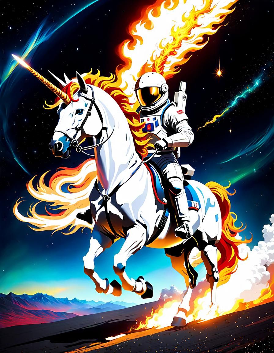Astronaut on Fiery Unicorn in Desolate Landscape