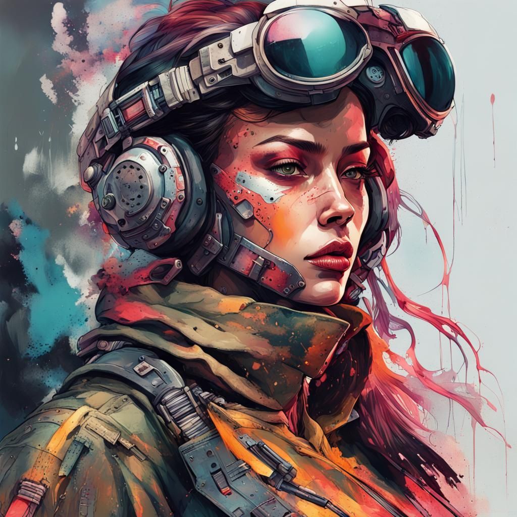 Cyberpunk Military Woman Illustration in Bold Colors