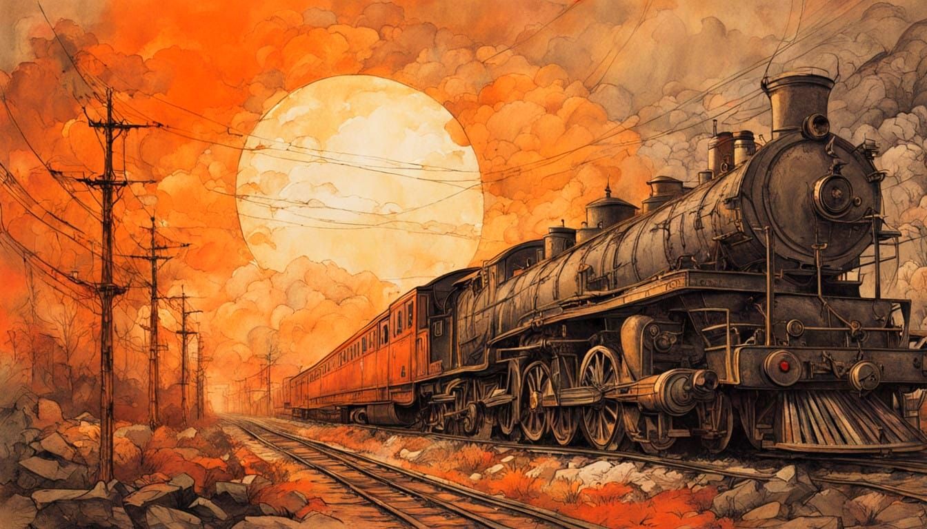 Rusty Train Amidst a Vibrant Sunset