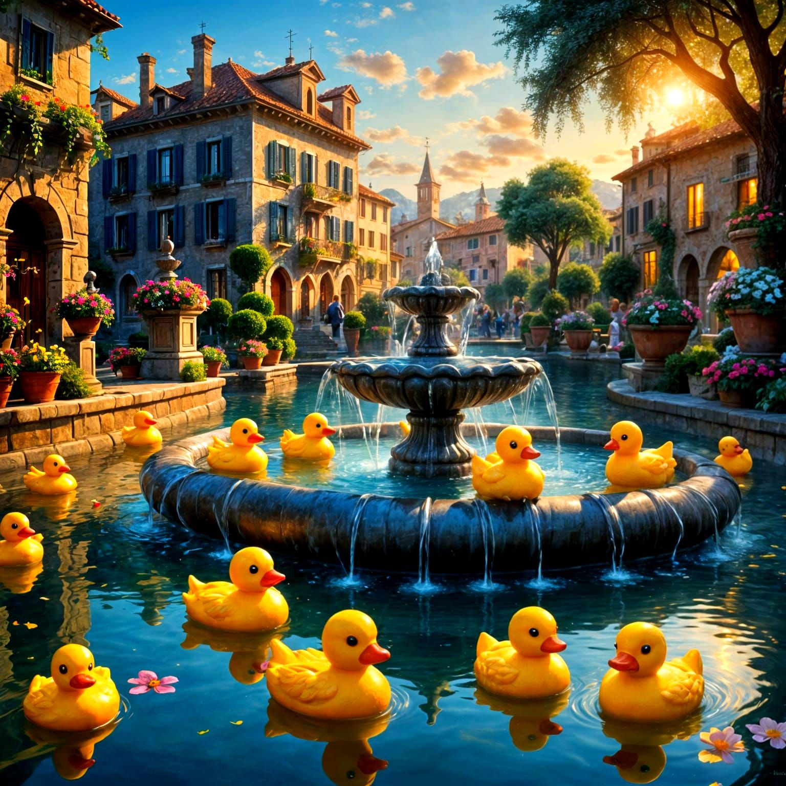 Ethereal Italian Fountain Scene with Rubber Ducks
