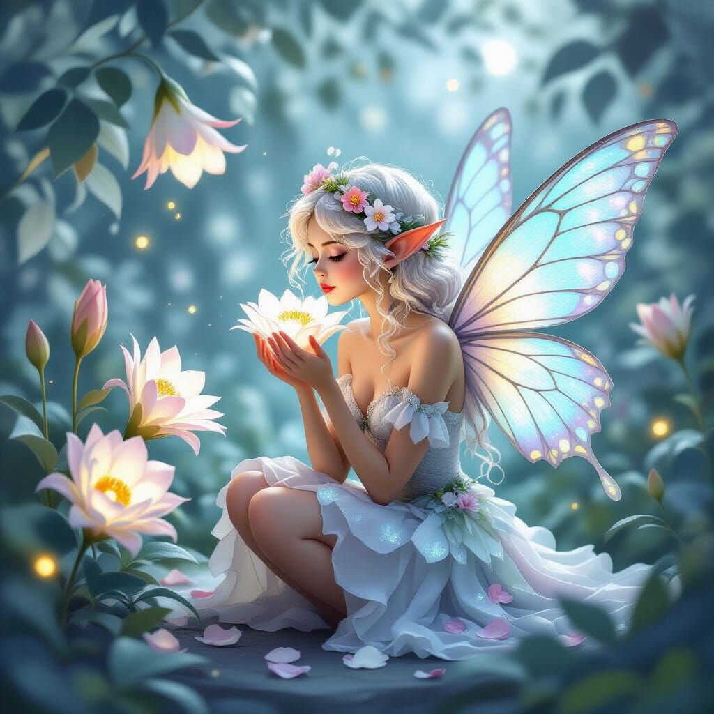 Moonlit Pixie Sipping Nectar in Moon Garden