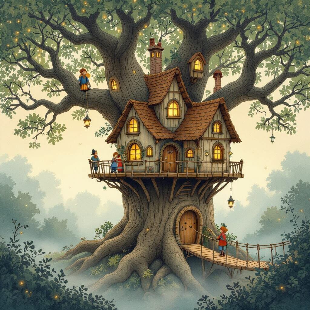 Enchanted Treehouse Village in Storybook Illustration Style