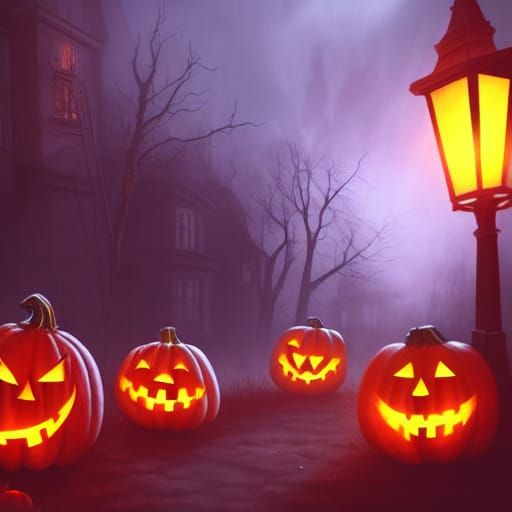 Eerie Halloween Street Scene with Jack-o'-Lanterns