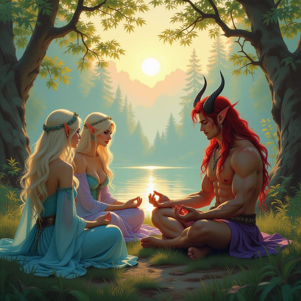Ethereal Elves Observe Meditating Demon in Sunrise