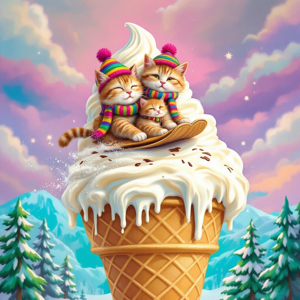 3 Whimsical Cats Ski and Sled Down a Vanilla Ice Cream Waffl...