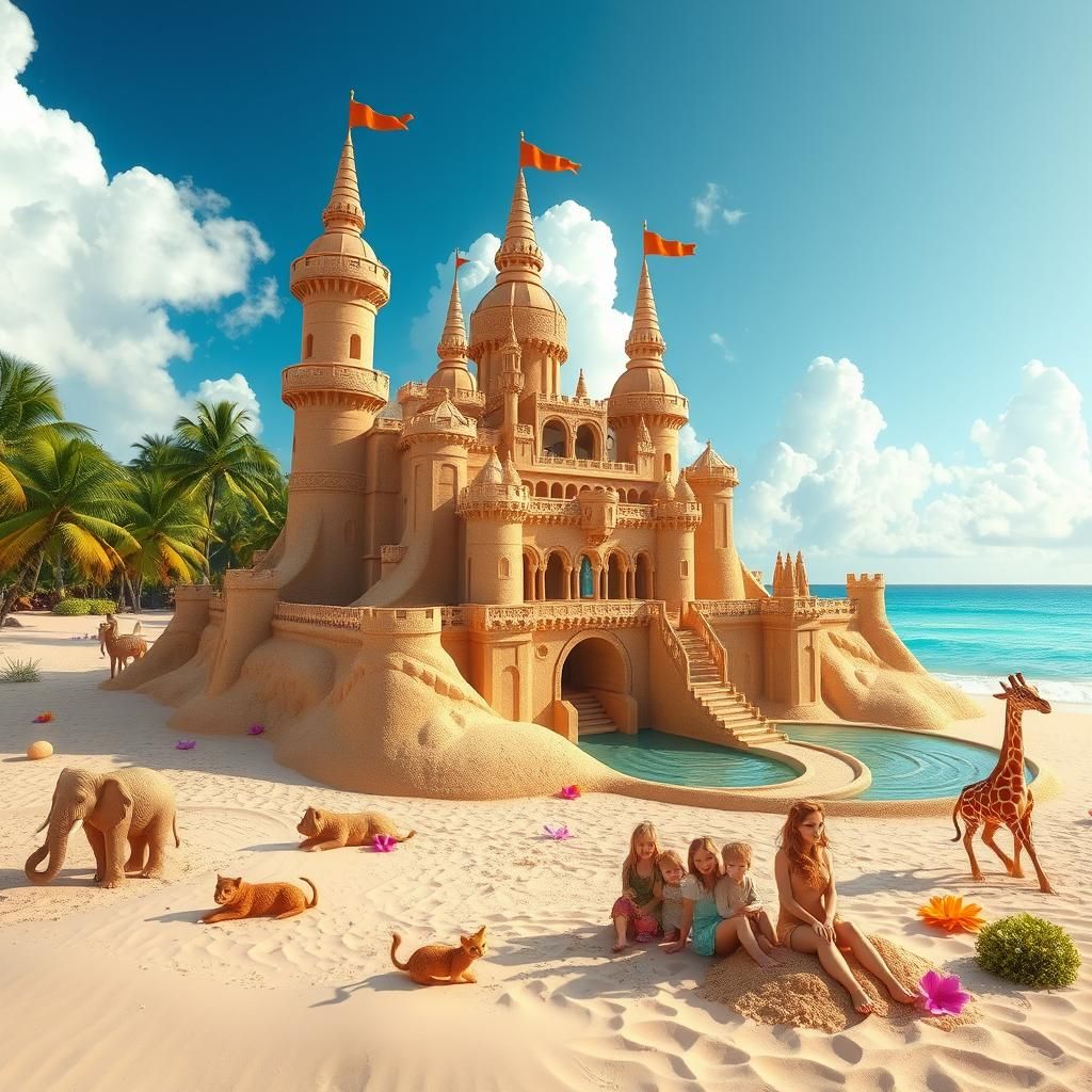 Majestic Sandcastle on Tropical Beach with Sand Animals