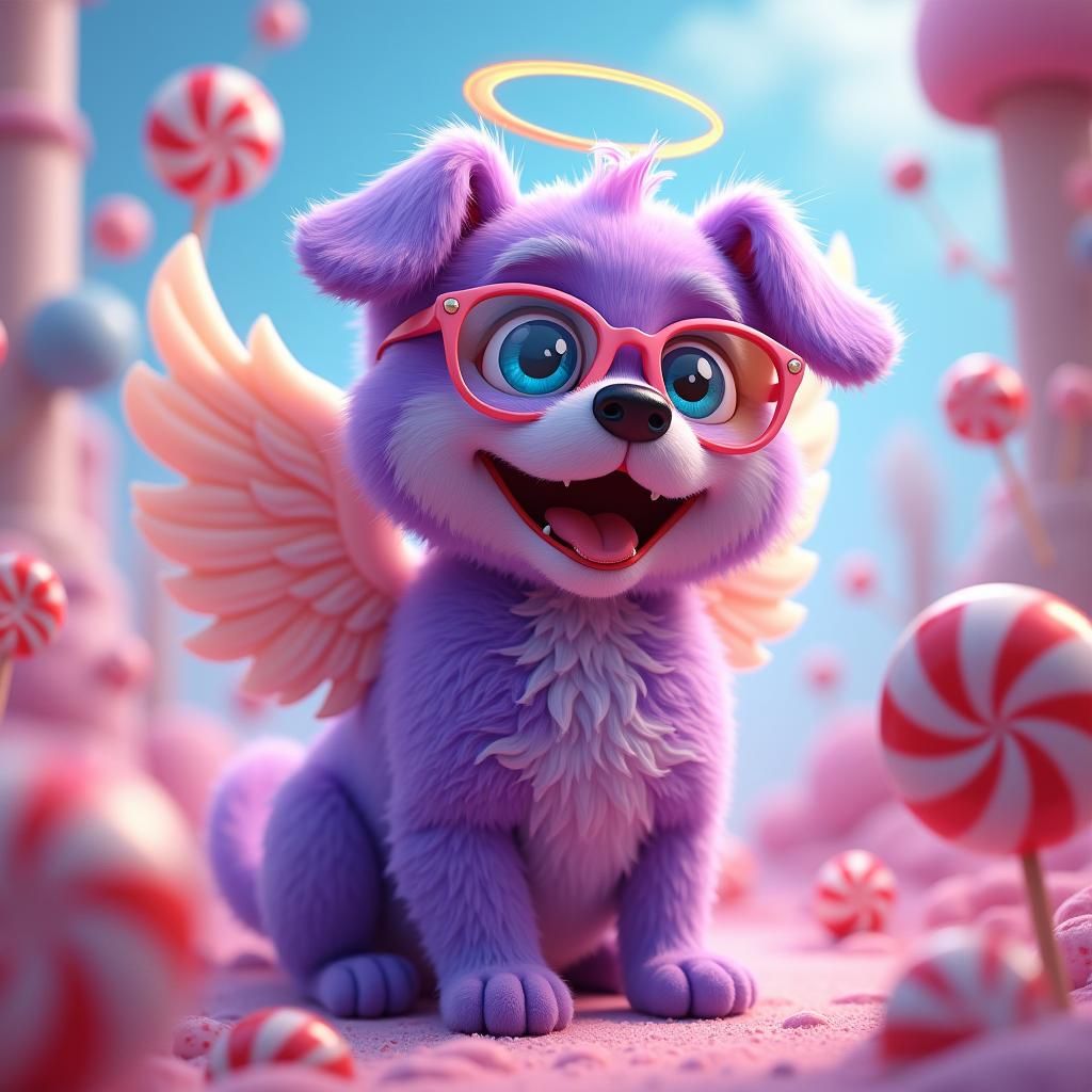 Whimsical Purple Dog with Angel Wings in Candyland
