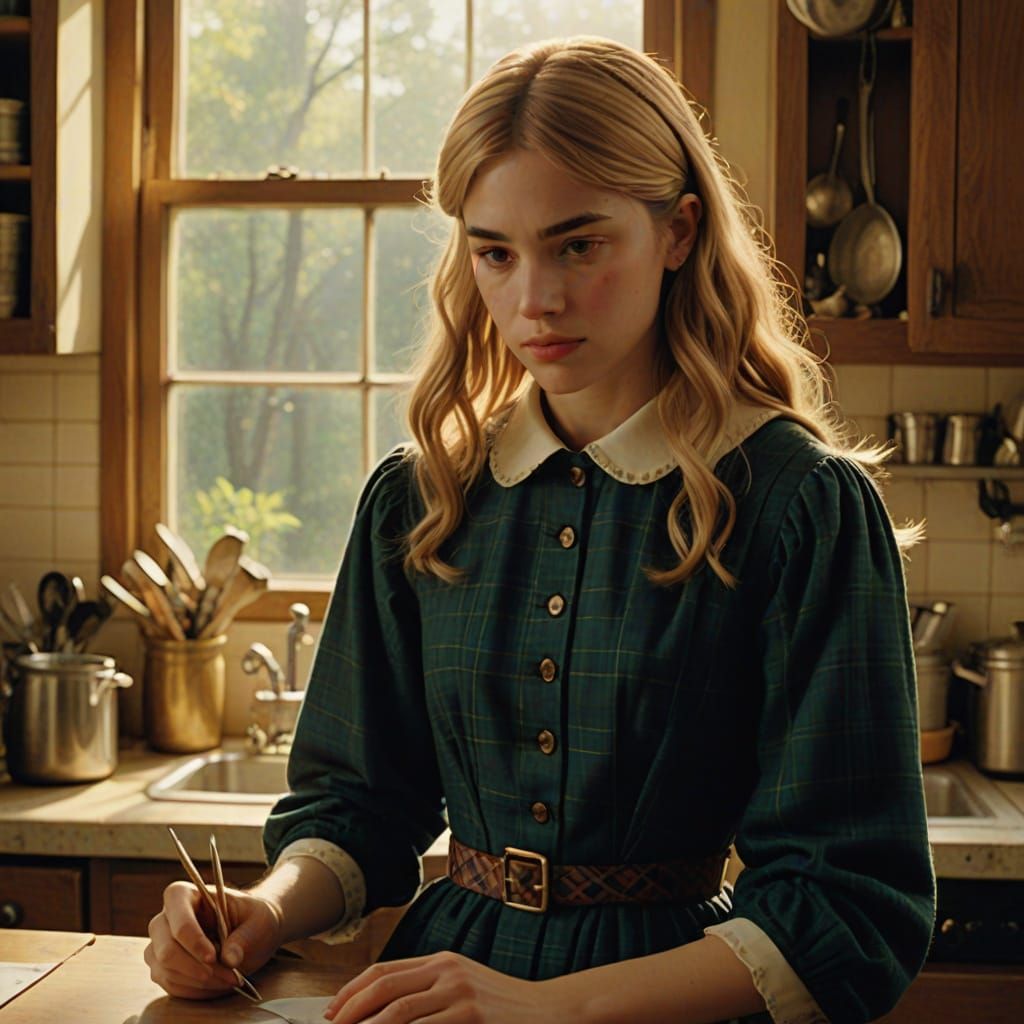 Woman Mends Dress for Partner in Golden Kitchen Light