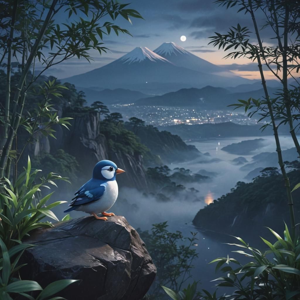 Piplup Overlooks Mount Fuji in Anime Style