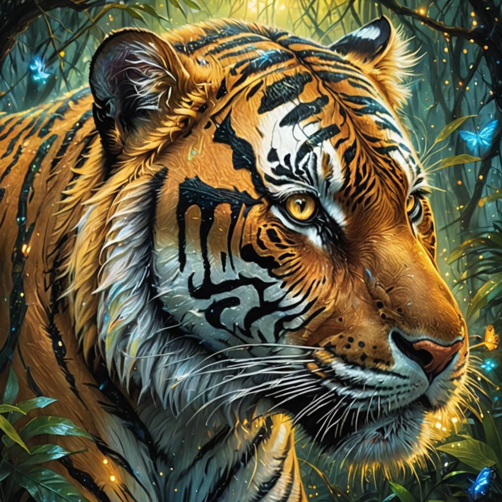 Bioluminescent Tiger in Magical Jungle: Oil Painting