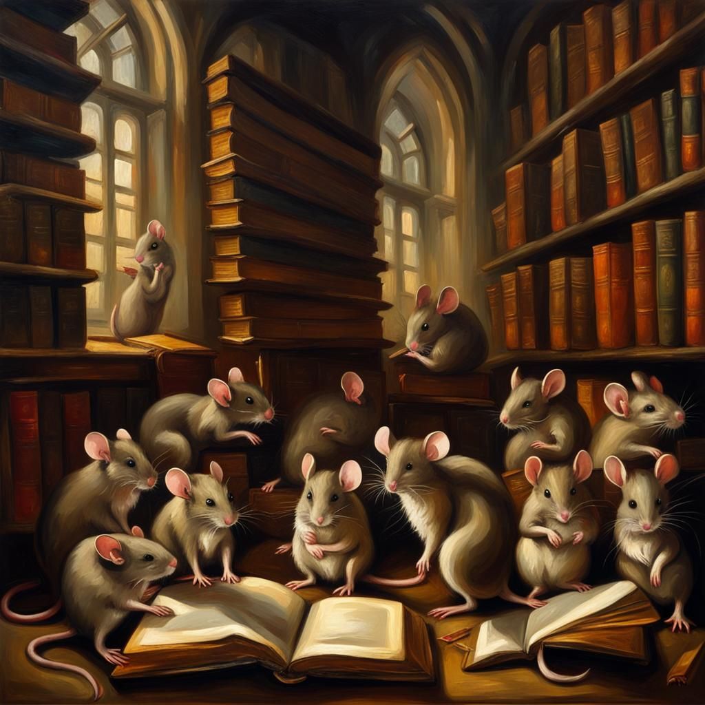 Mice Reading in Old Library, Baroque Oil Painting
