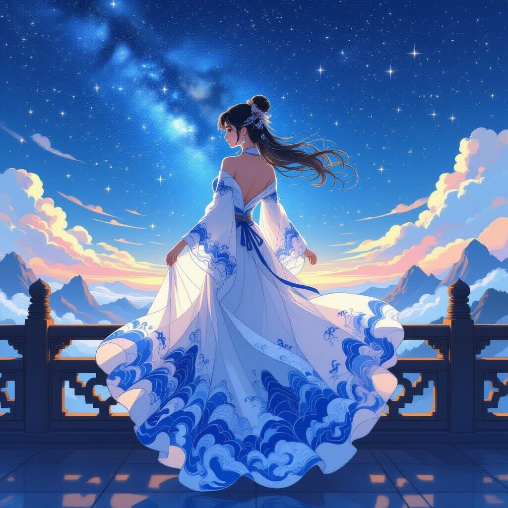Ethereal Woman on Balcony in Starry Night