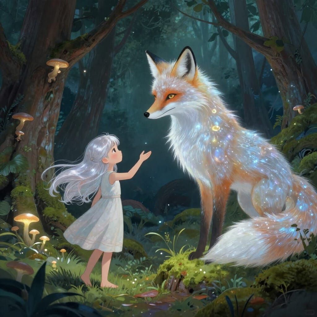 Girl Meets Moonlit Fox in Magical Forest Clearing