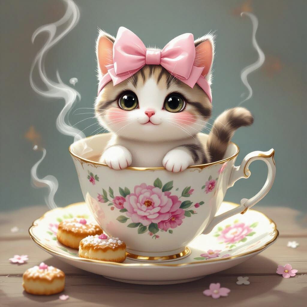 Kawaii Cat in Teacup with Pink Bow
