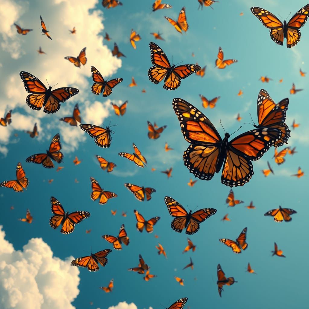 Monarch Butterflies Dance in Vibrant Skies and Whimsical Clo...