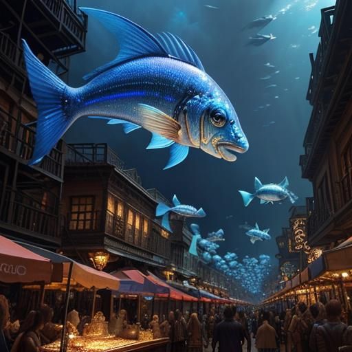 Steampunk City Night Market with Sky Sea Creatures