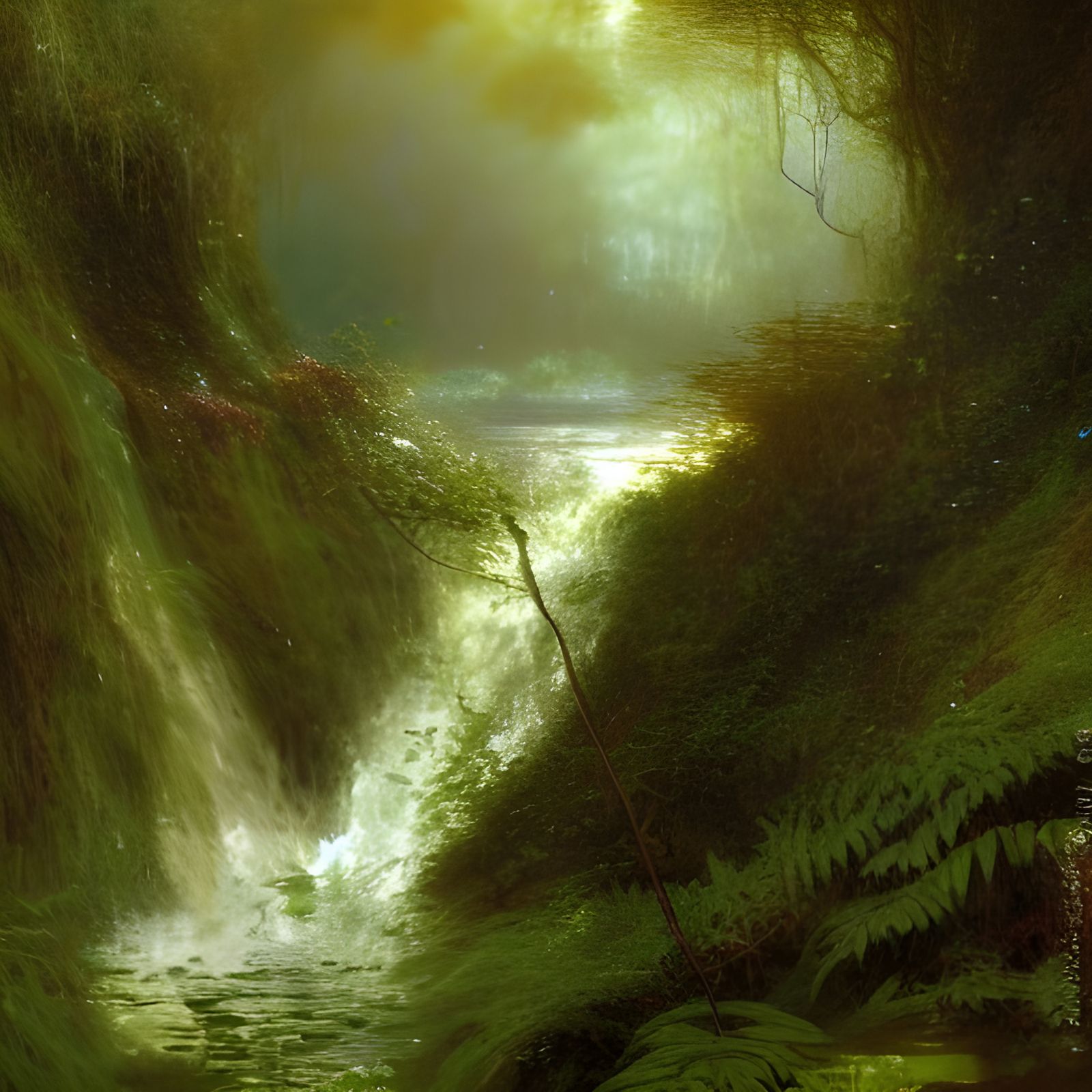 Lush Cliffside Waterfall in Biopunk Style