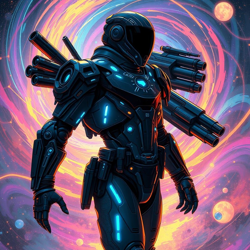 Cyberpunk Warrior in Neon-Lit Exosuit with Integrated Missil...