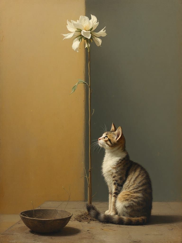 Cat Gazes at Blooming Flower in Luminous Symbolist Style