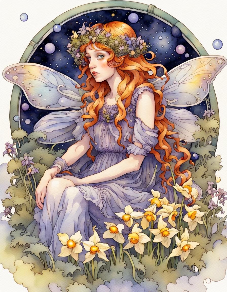 Opalescent Fairy in Art Nouveau Watercolour Illustration