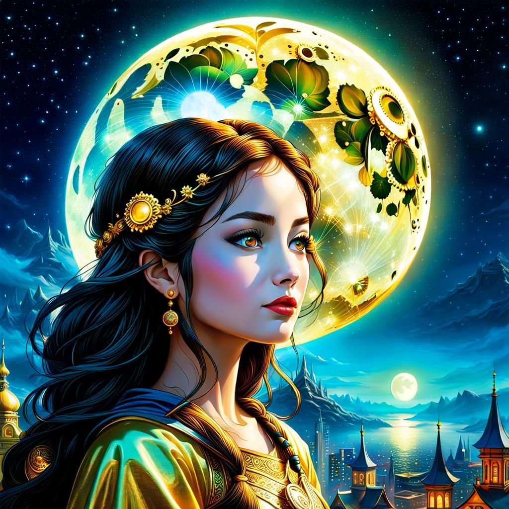Dreamlike Golden City Moon-Face Fantasy Art