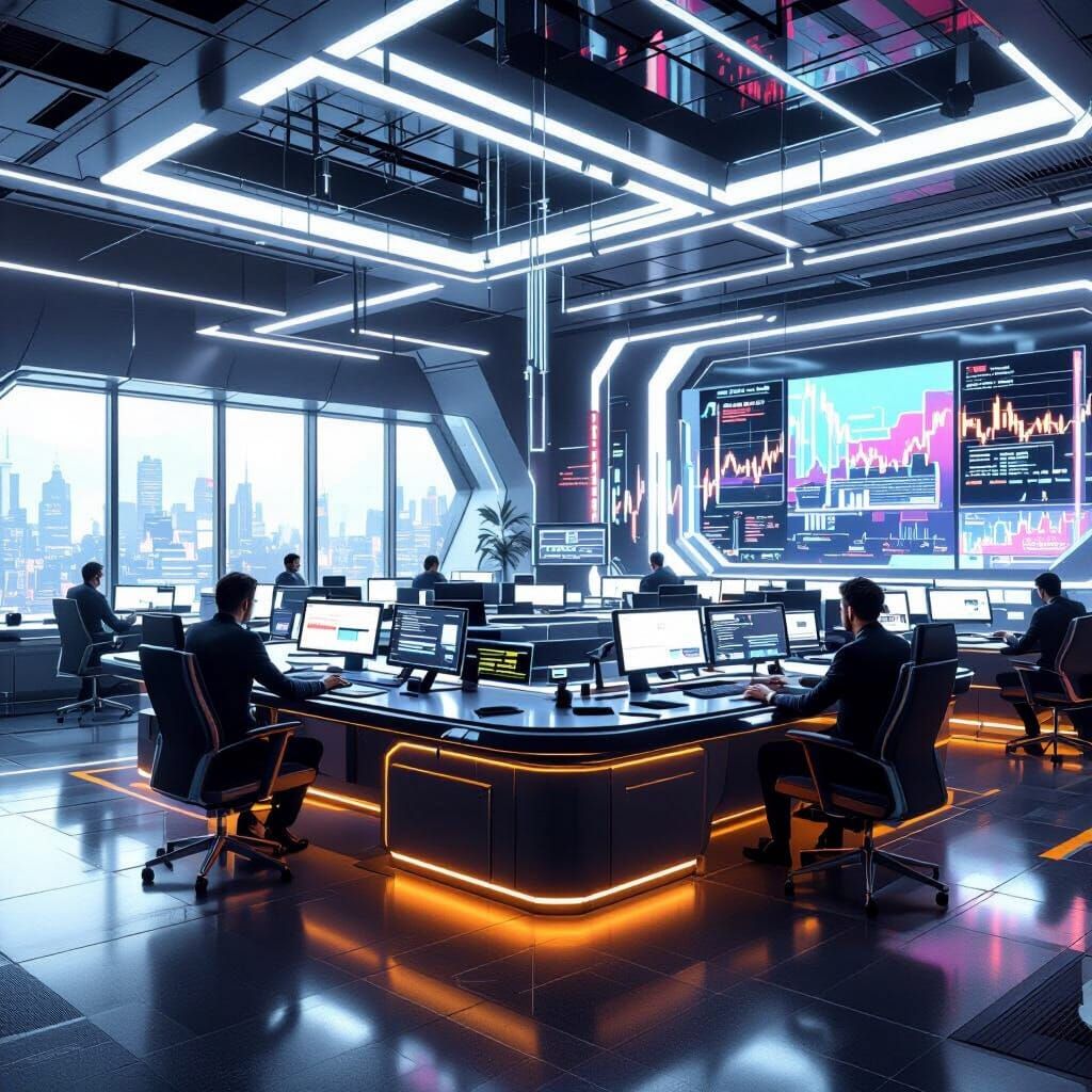 Cyberpunk Trading Floor with Futuristic Platform