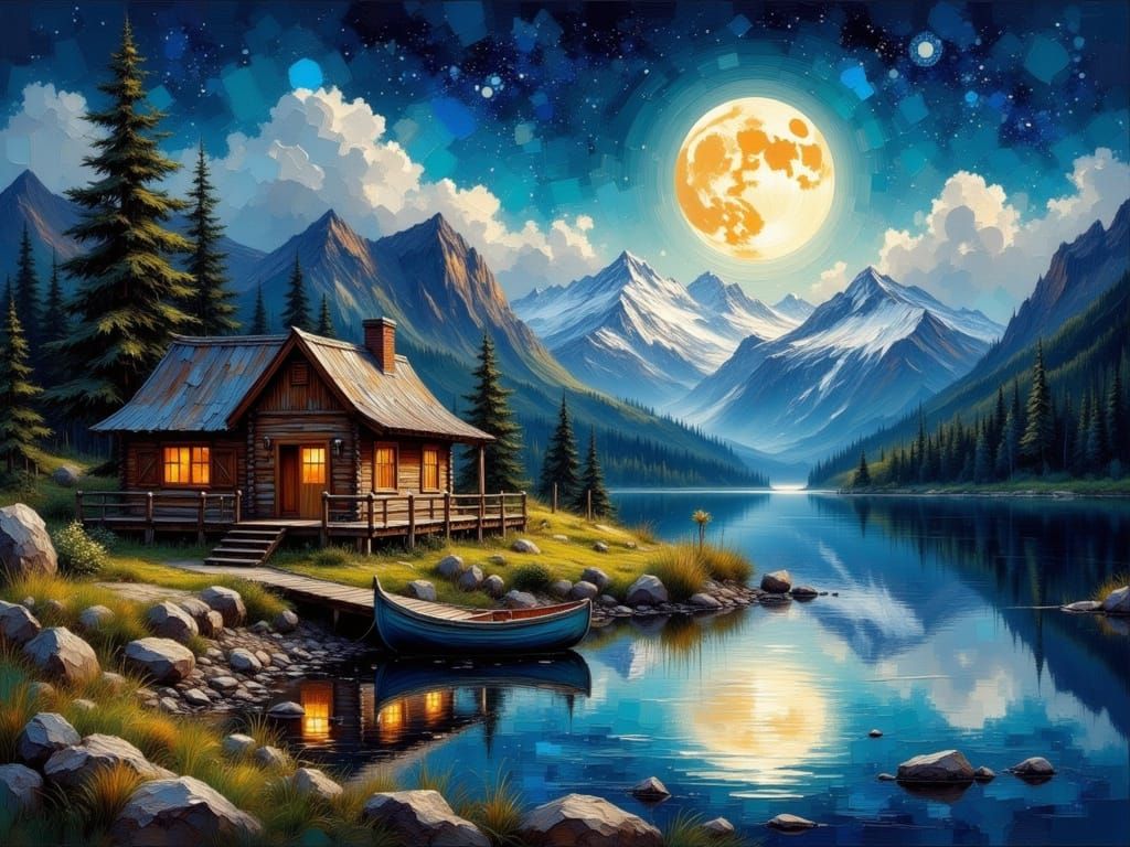 Mountain Lake Cabin in Impasto Oil Painting