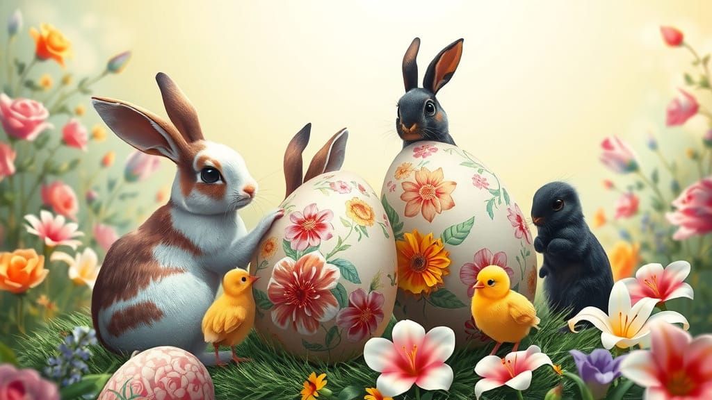 Rabbits and Chicks Decorate Easter Eggs: 3D Digital Art