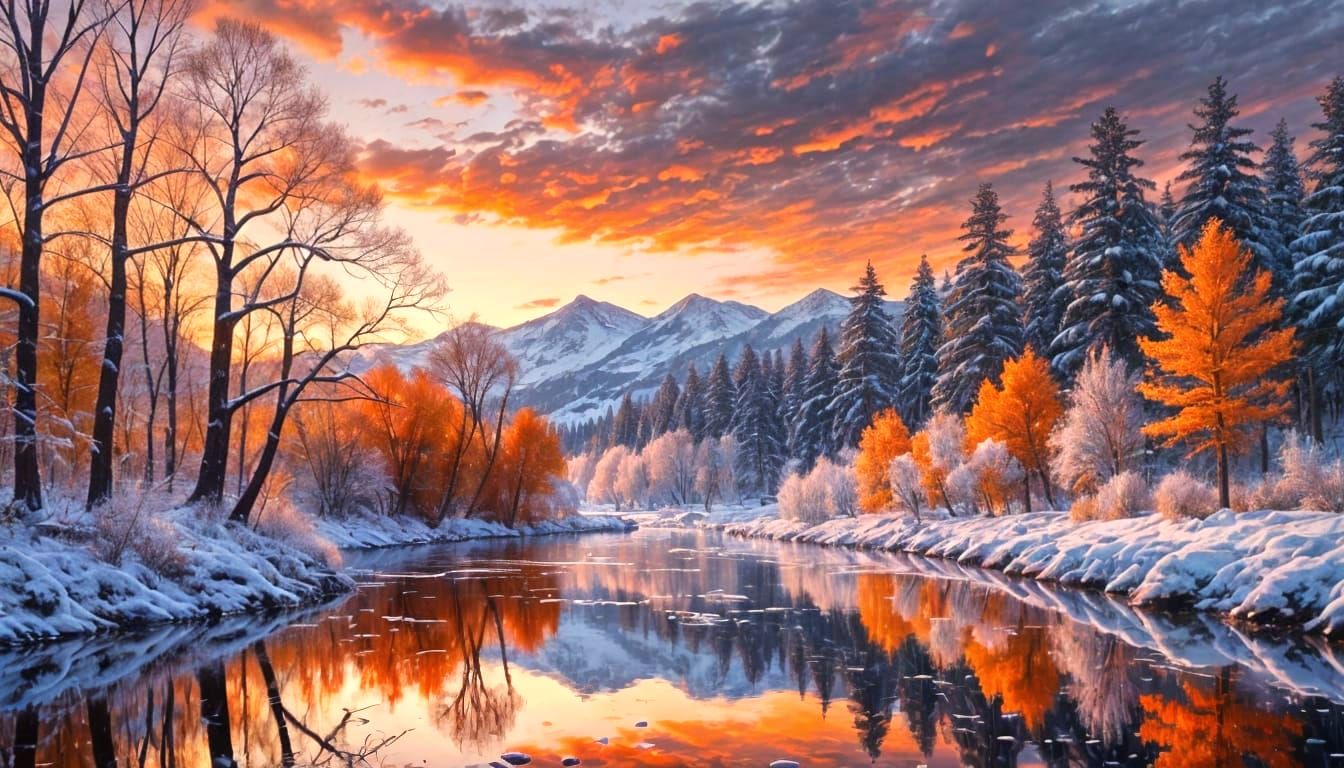 Twilight Riverbank Snow Scene with Fiery Sky