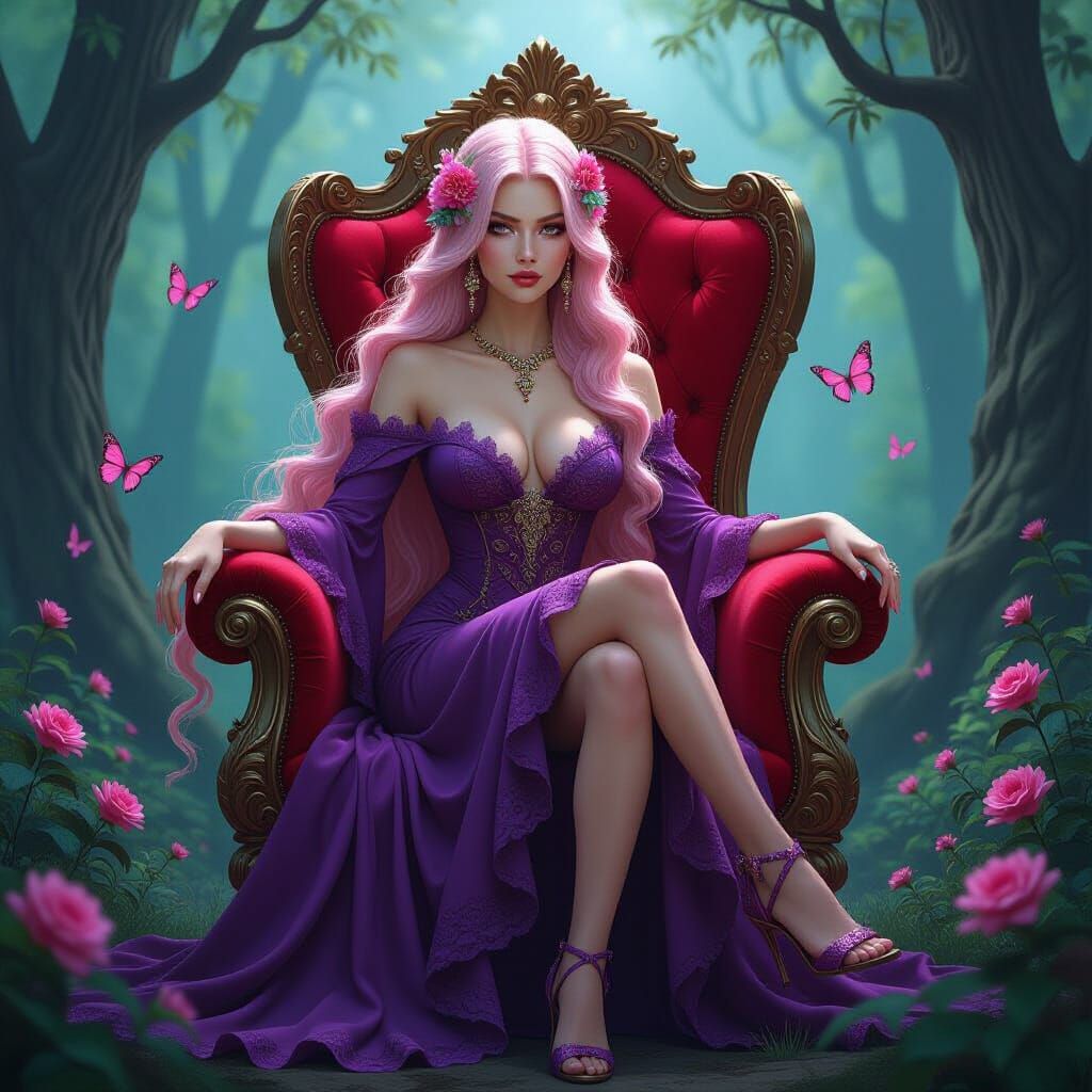 Fantasy Queen on Throne in Misty Forest
