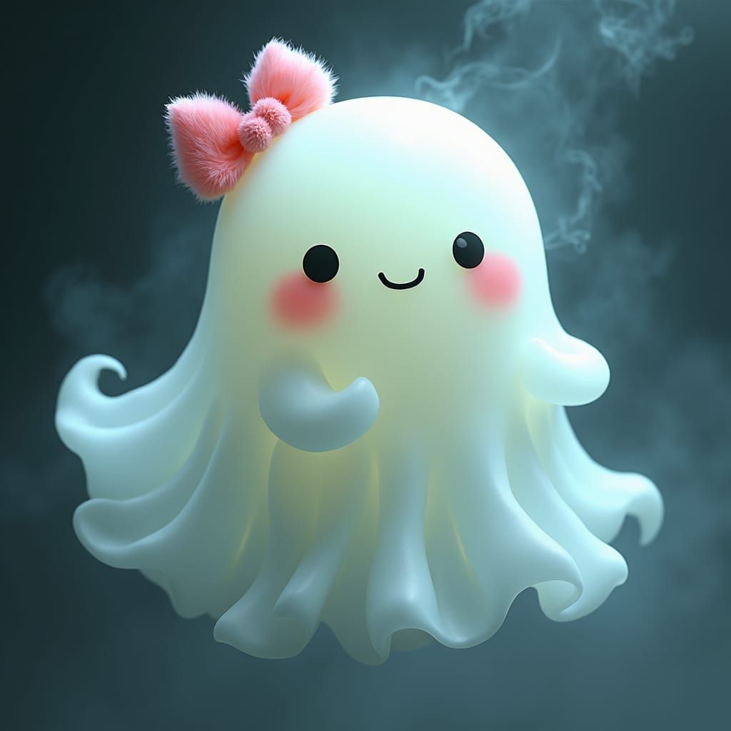 Ethereal Kawaii Ghost with Pastel Bow in Dreamy Mist