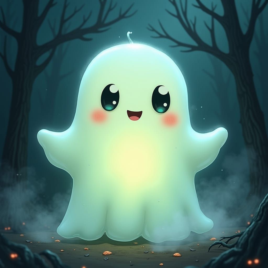 Kawaii Boo Ghost in Eerie Mist