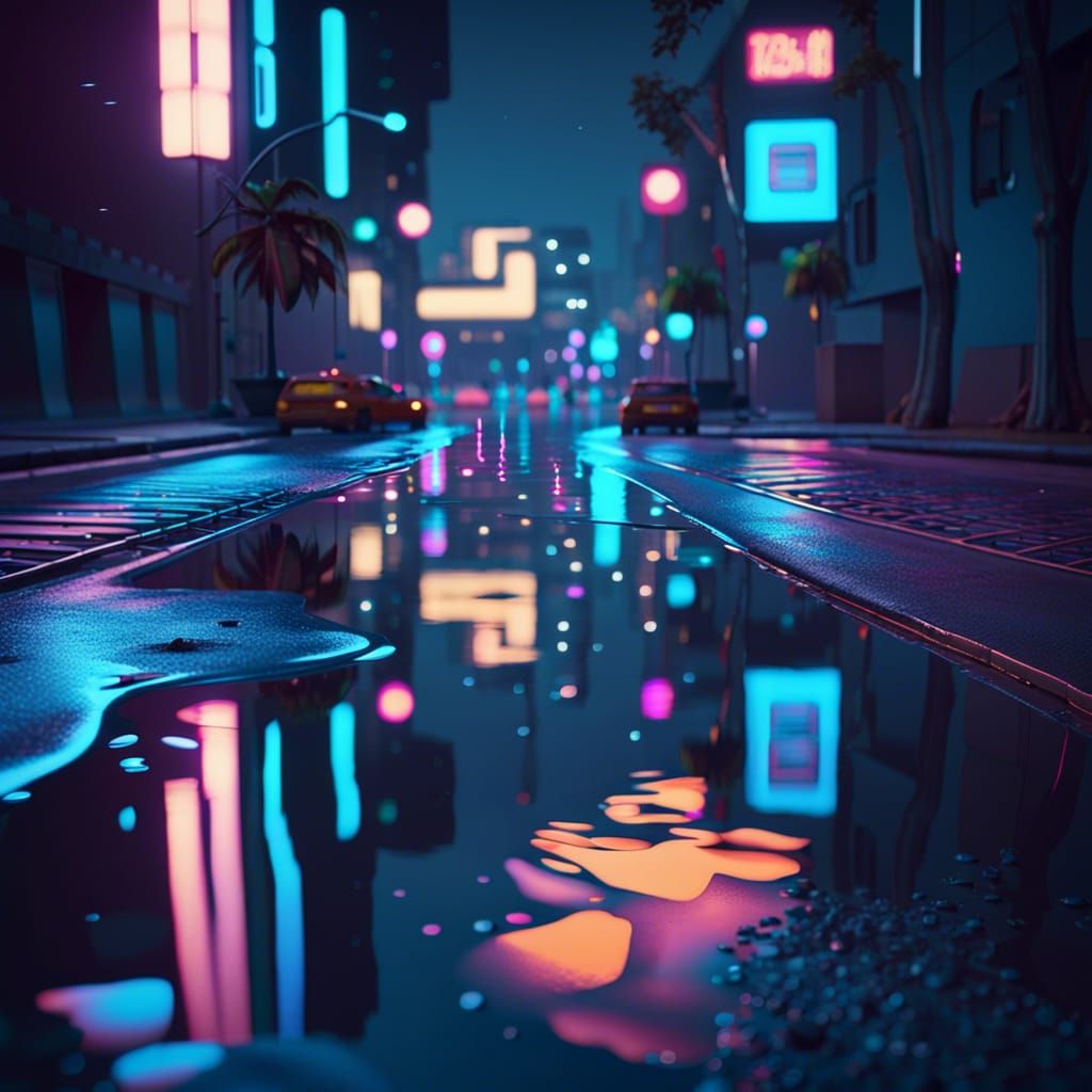 Neon City Reflection in Ultra-Realistic Style