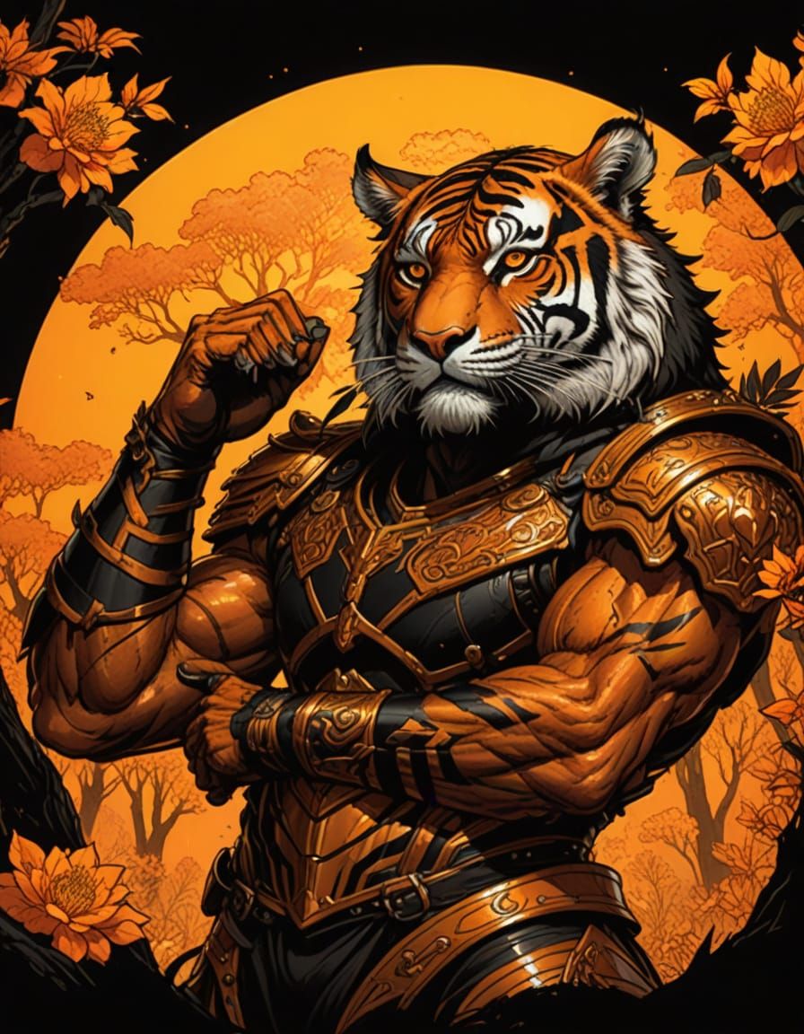 Strong Fantasy Tiger in Vibrant Orange Forest, Comic Book St...