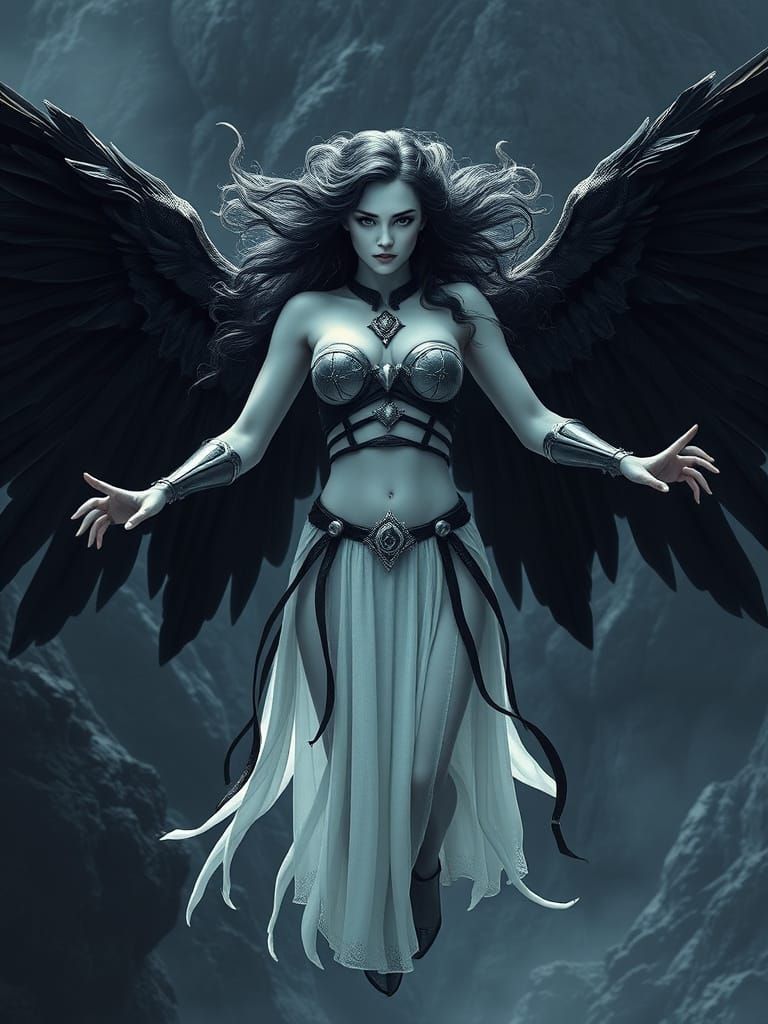 Majestic Goddess Hovering Over Mystical Landscape in Etherea...
