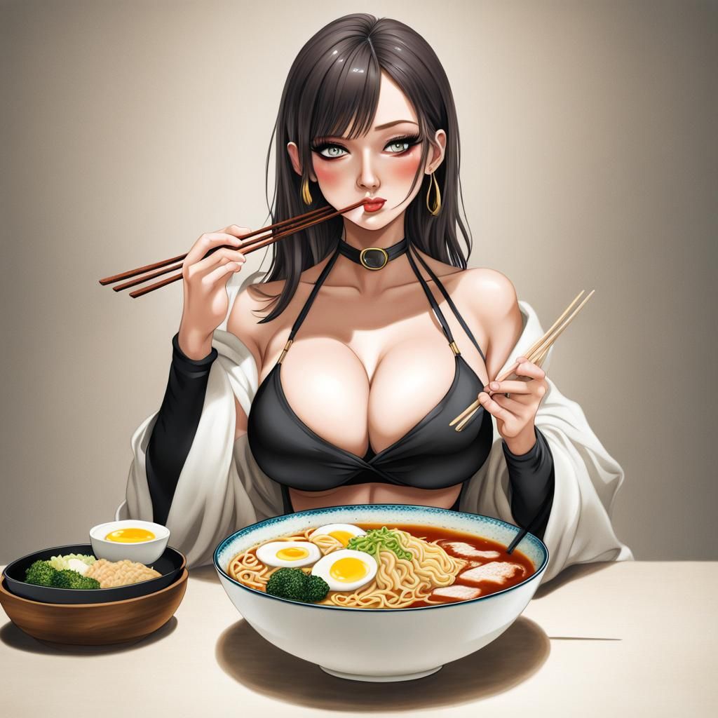 Woman in Bikini Eating Ramen
