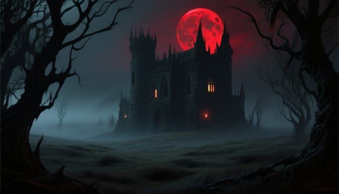Gothic Horror Castle Wallpaper with Blood Moon