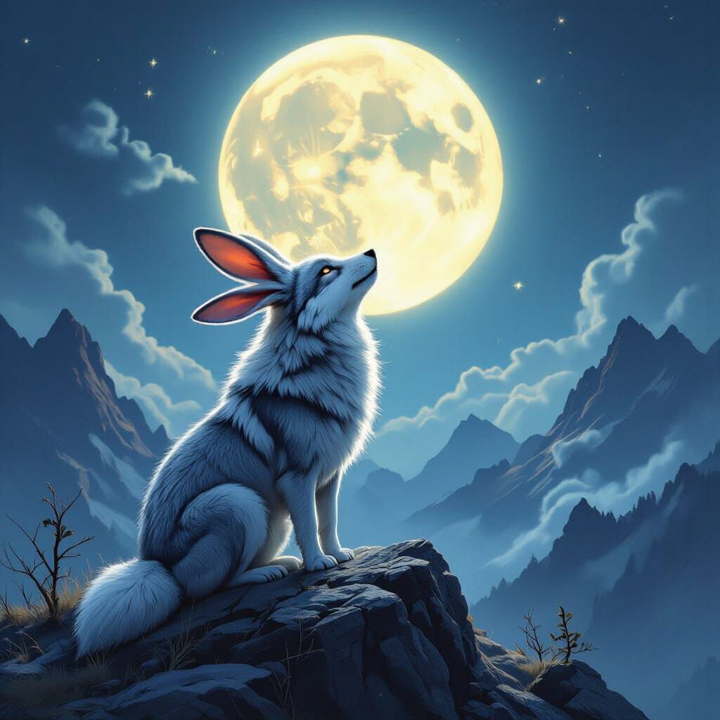 Wolf-Rabbit Hybrid Howling at Moon on Mountain Peak
