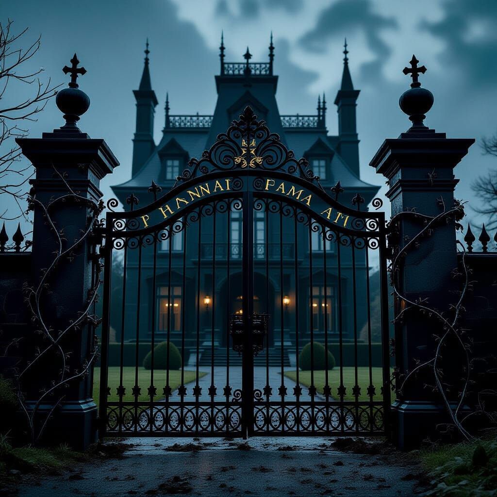Ominous Gothic Manor with Wrought-Iron Gates