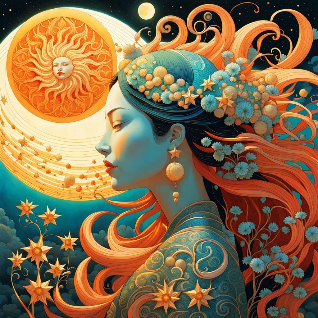 Celestial Woman in Surreal Sun and Moon Star