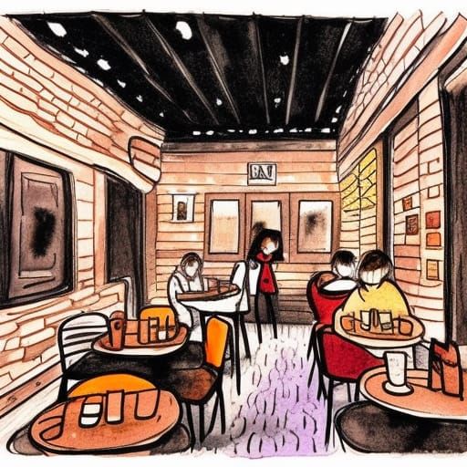 Cozy Night Cafe Watercolor and Ink Drawing