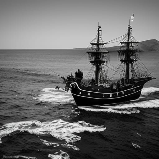 Pirate Ship and Hydra in Black and White Comic Art