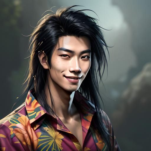 Detailed Portrait of Smiling Asian Man in Hawaiian Shirt
